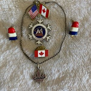 Canada Maple Leaf SilverTone Bracelet with Red & White Enamel Earrings & 3 pins